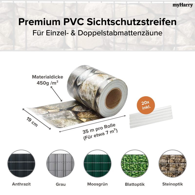 PVC Sichtschutzstreifen Steinoptik für Doppelstabmatten 35lfm
